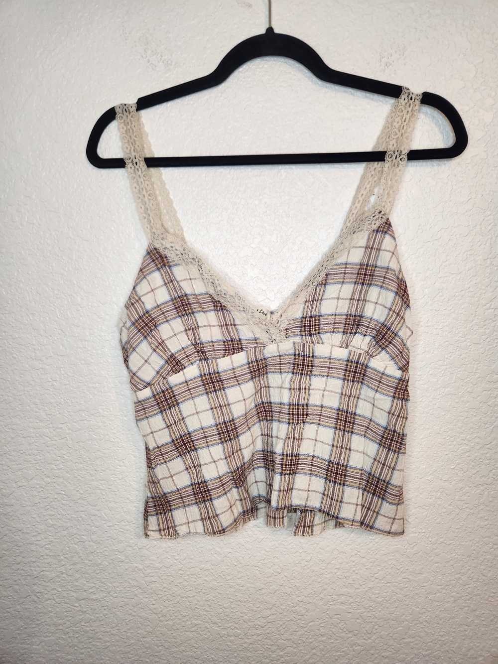 Wild Love Lace-Trim Plaid Cami Top in Cream and Brown M